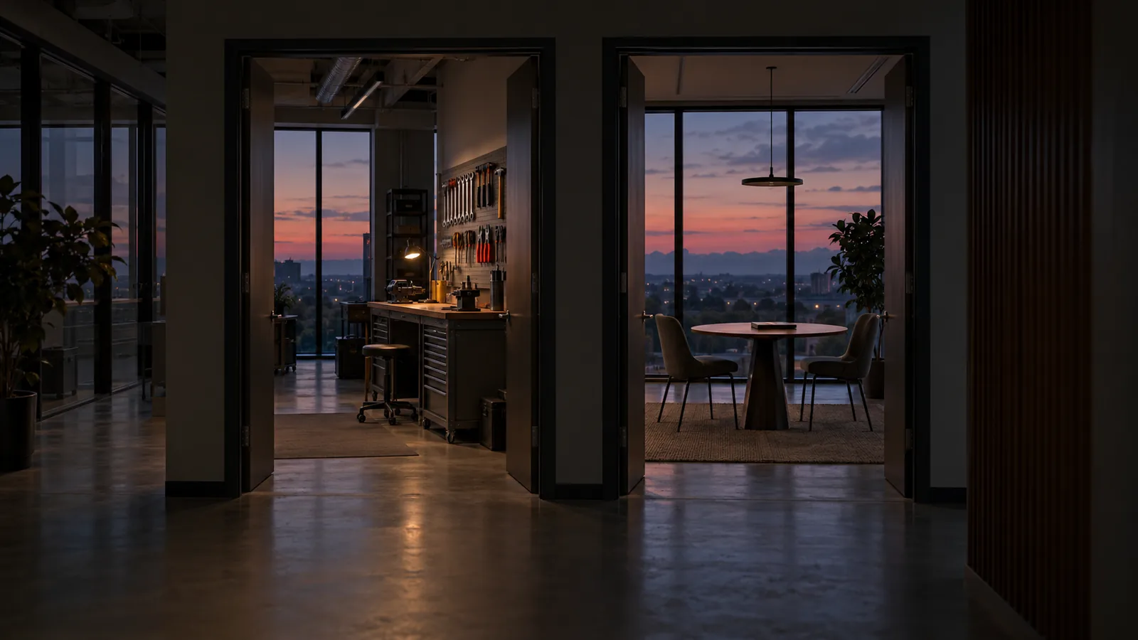 Two open doorways off a dark office corridor at dusk: a workshop with hand tools on a pegboard on the left, and a small meeting room with two chairs and a folder on the table on the right