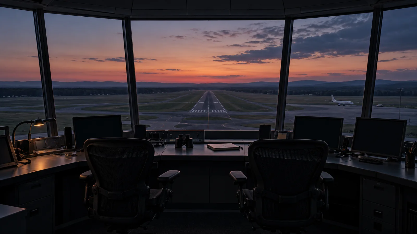 An empty airport control tower at dusk, seen from behind two chairs, looking out over a runway that runs to the horizon
