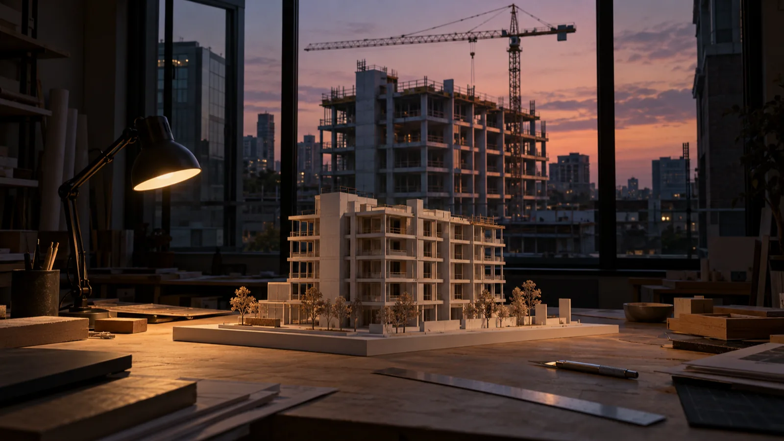 A white scale model of an apartment building on a studio worktable at dusk, with the real concrete frame and a tower crane visible through the window behind it