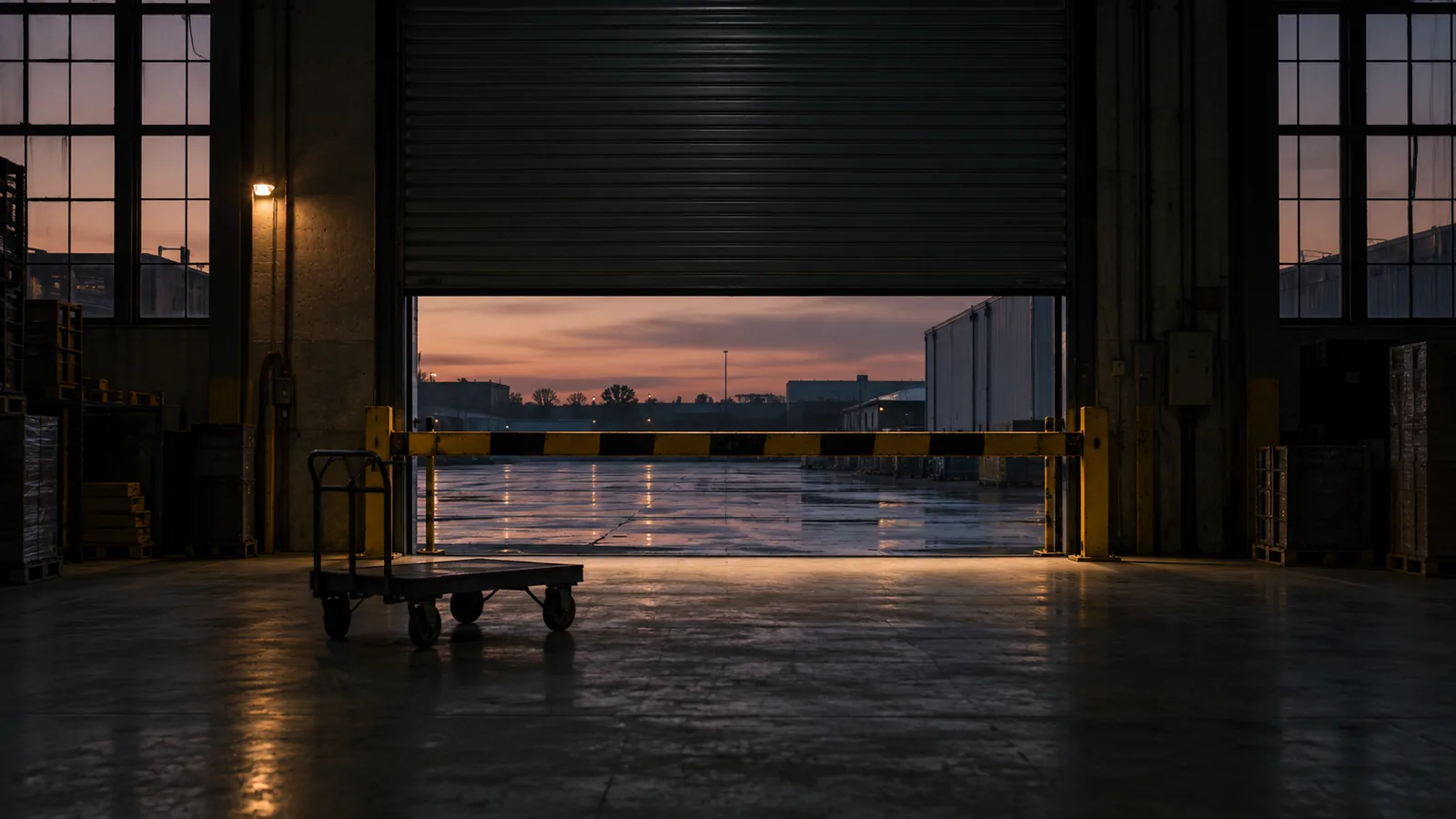 A dark warehouse at dusk with a steel roller shutter raised a third of the way and a striped barrier lowered across the loading bay opening