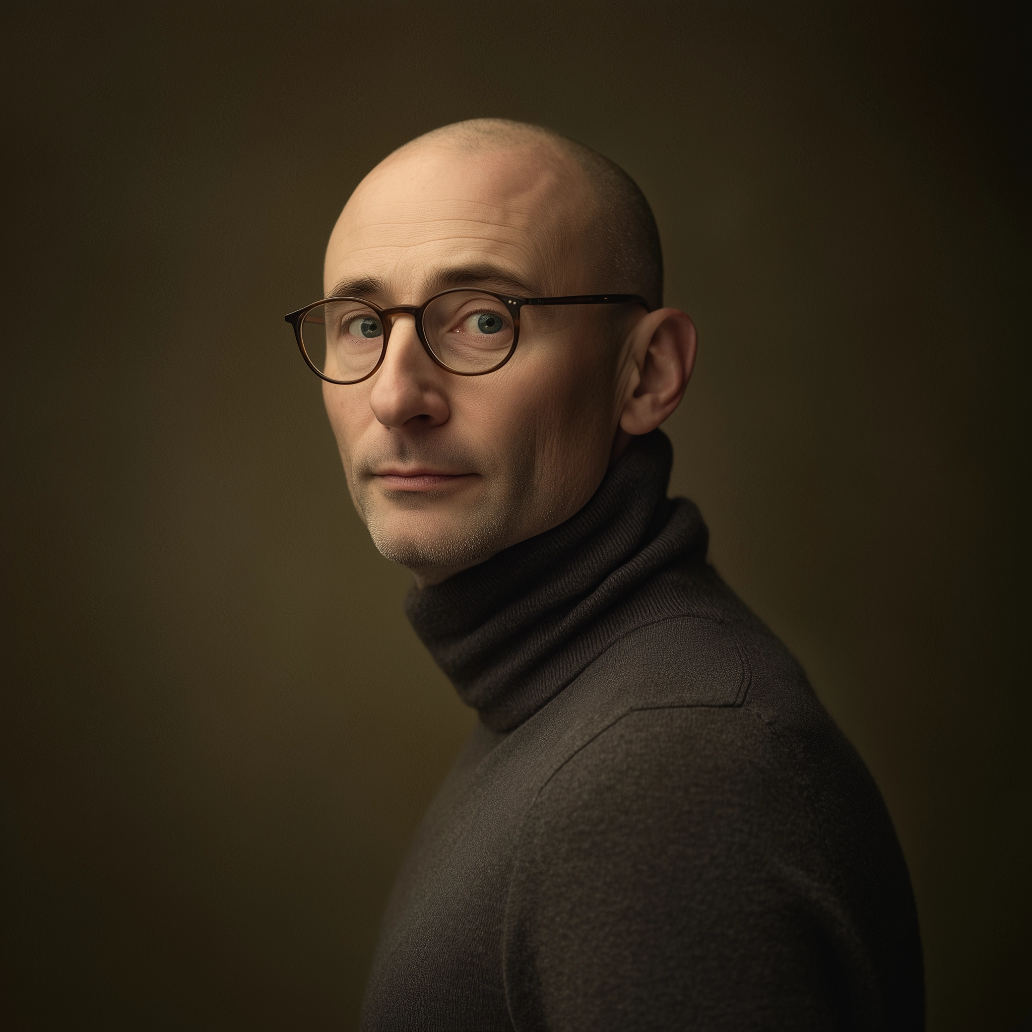 Portrait of Atlas, Bureau SEO Intelligence specialist, wearing thin-rim glasses and a dark roll-neck.