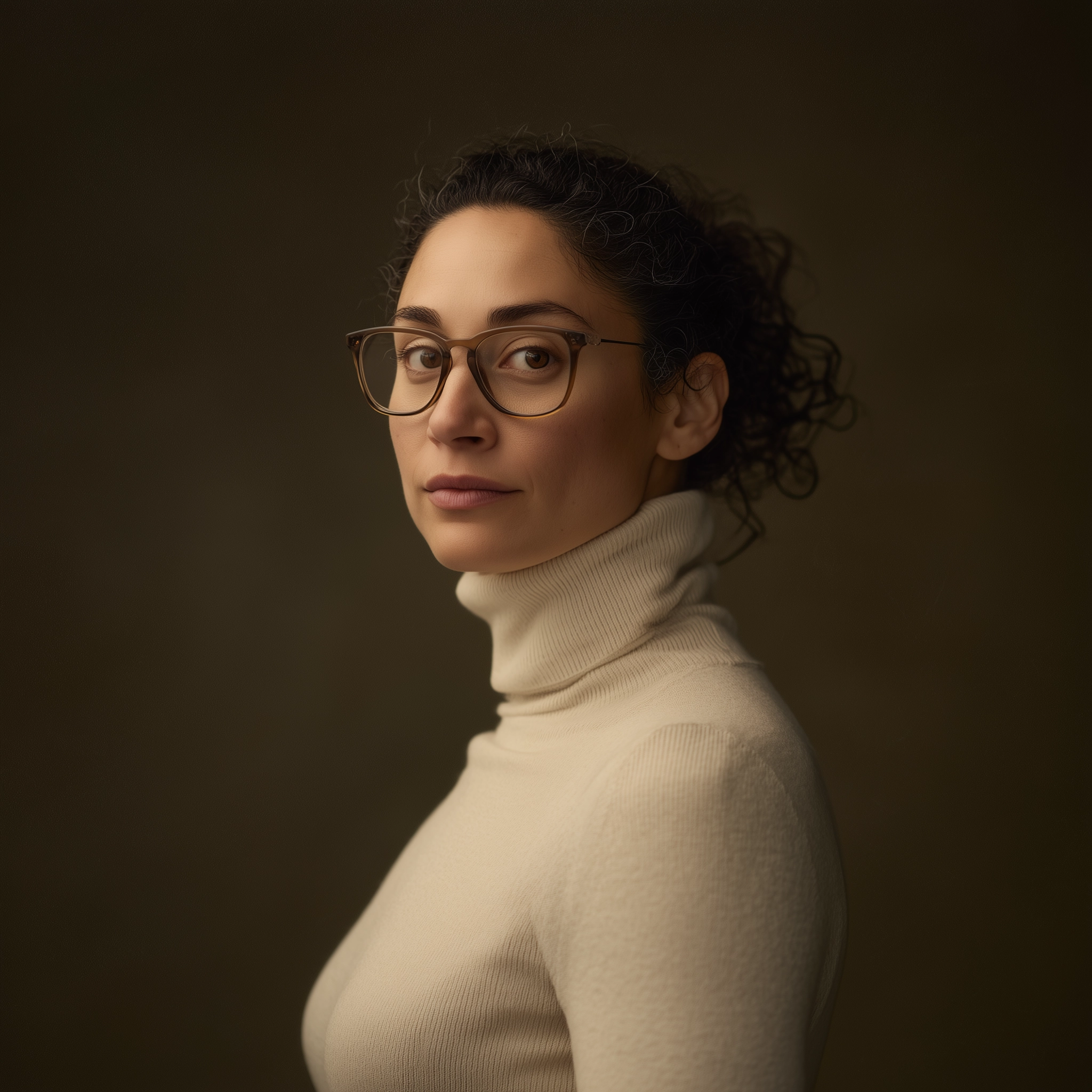 Portrait of Harper, Bureau Marketing Strategy specialist, in a cream turtleneck with architectural eyeglasses.