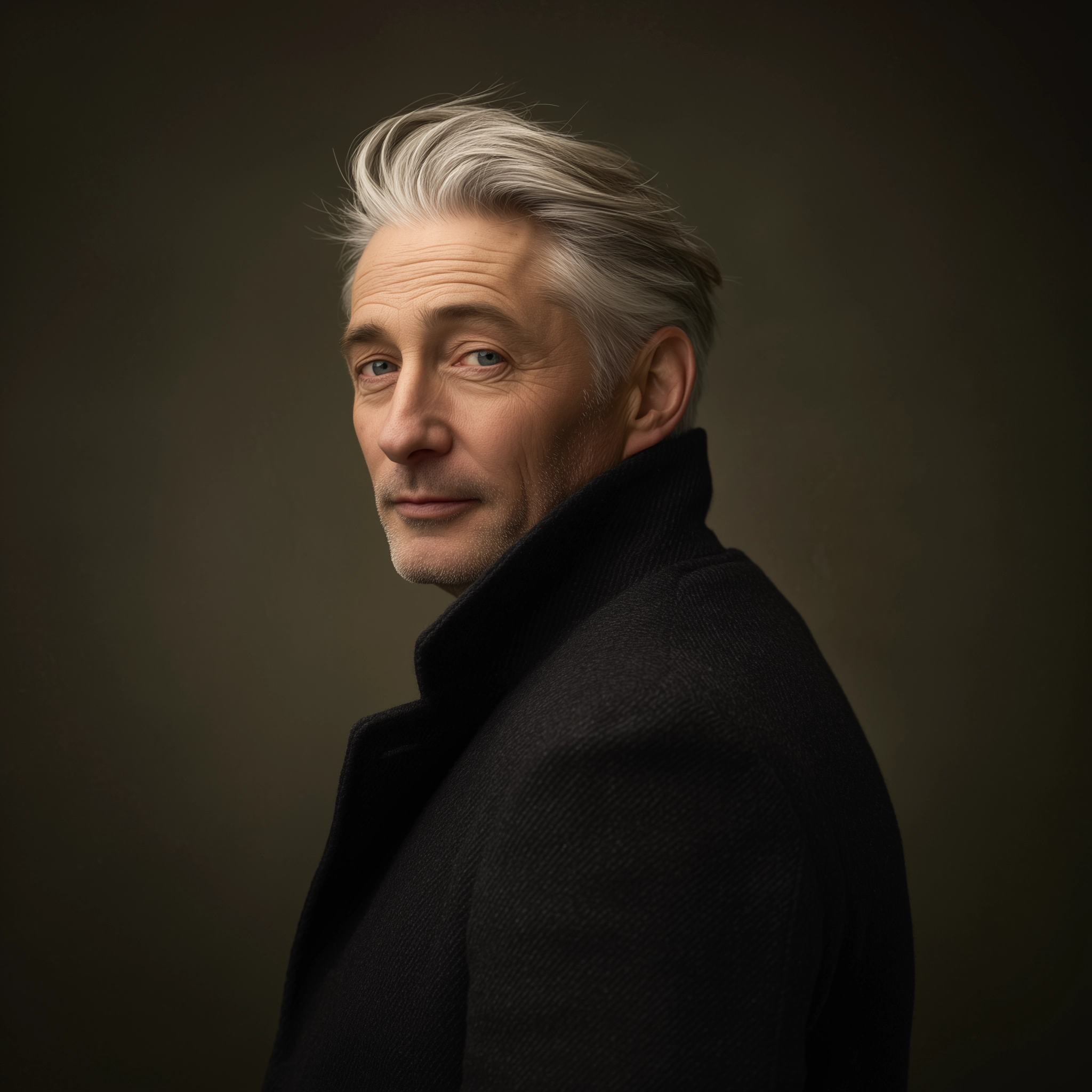 Portrait of Herald, Bureau Signals & Research correspondent, in a charcoal overcoat with silver hair swept back.