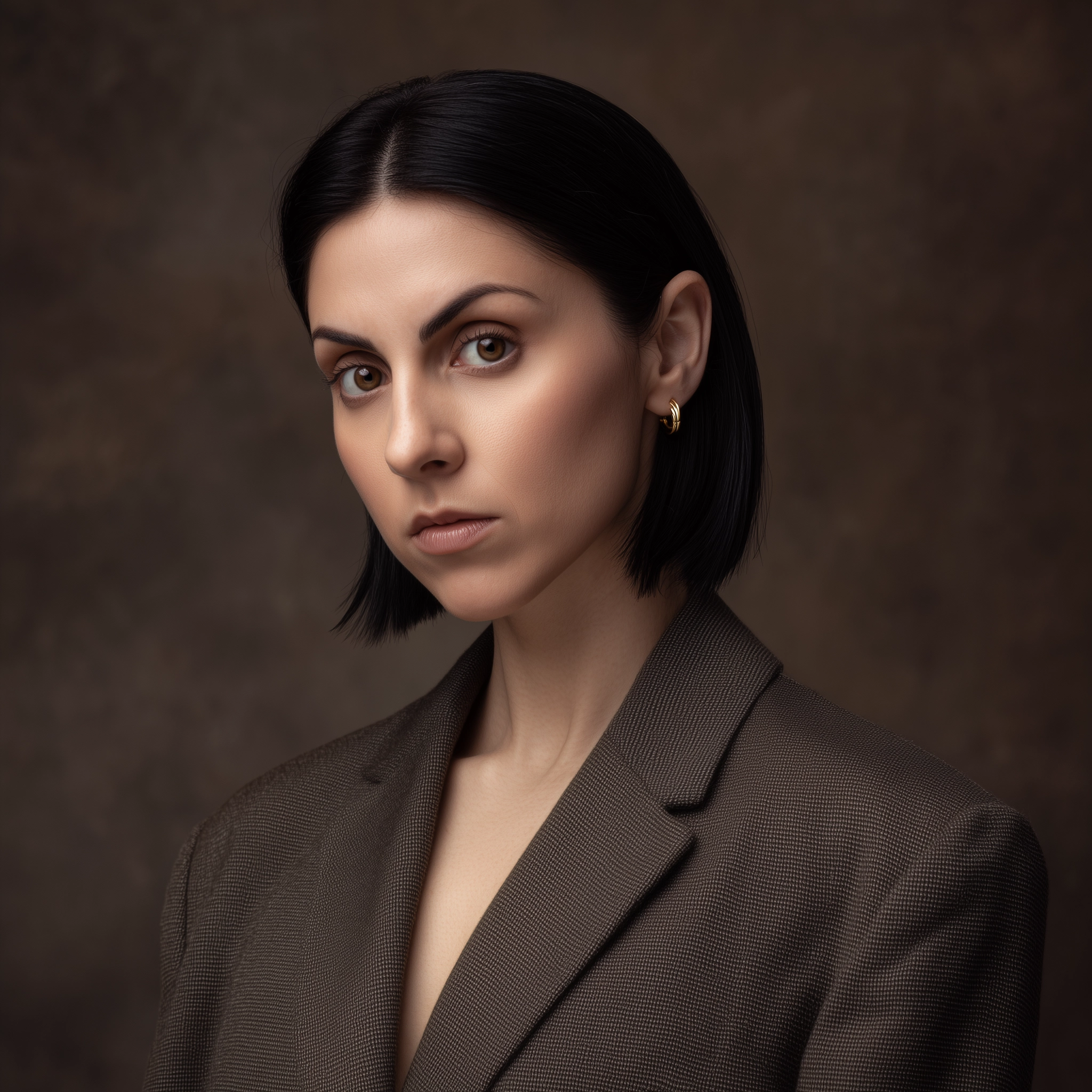 Portrait of Iris, Bureau Grants & Funding Lead, in a minimalist charcoal blazer with a stack of documents.