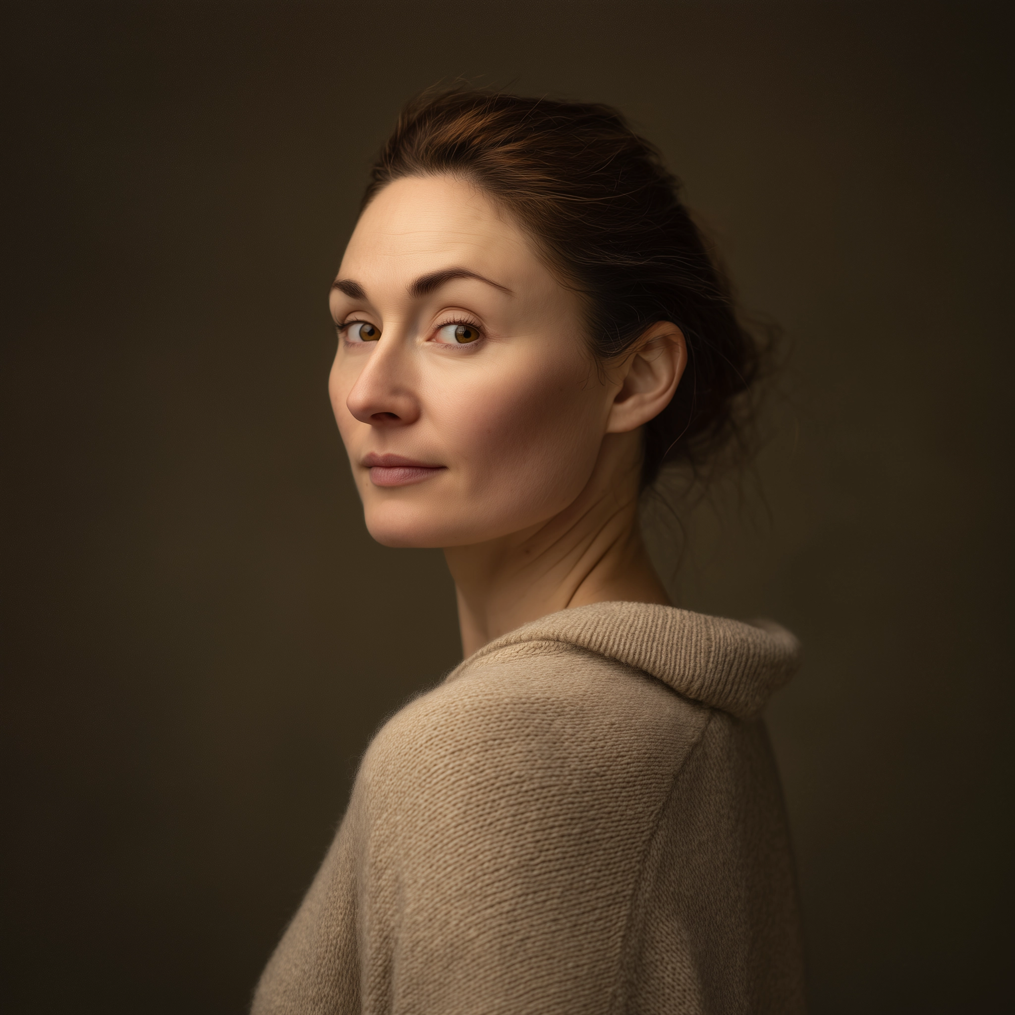 Portrait of Molly, Bureau Talent Acquisition specialist, in an oatmeal knit holding a clipboard.
