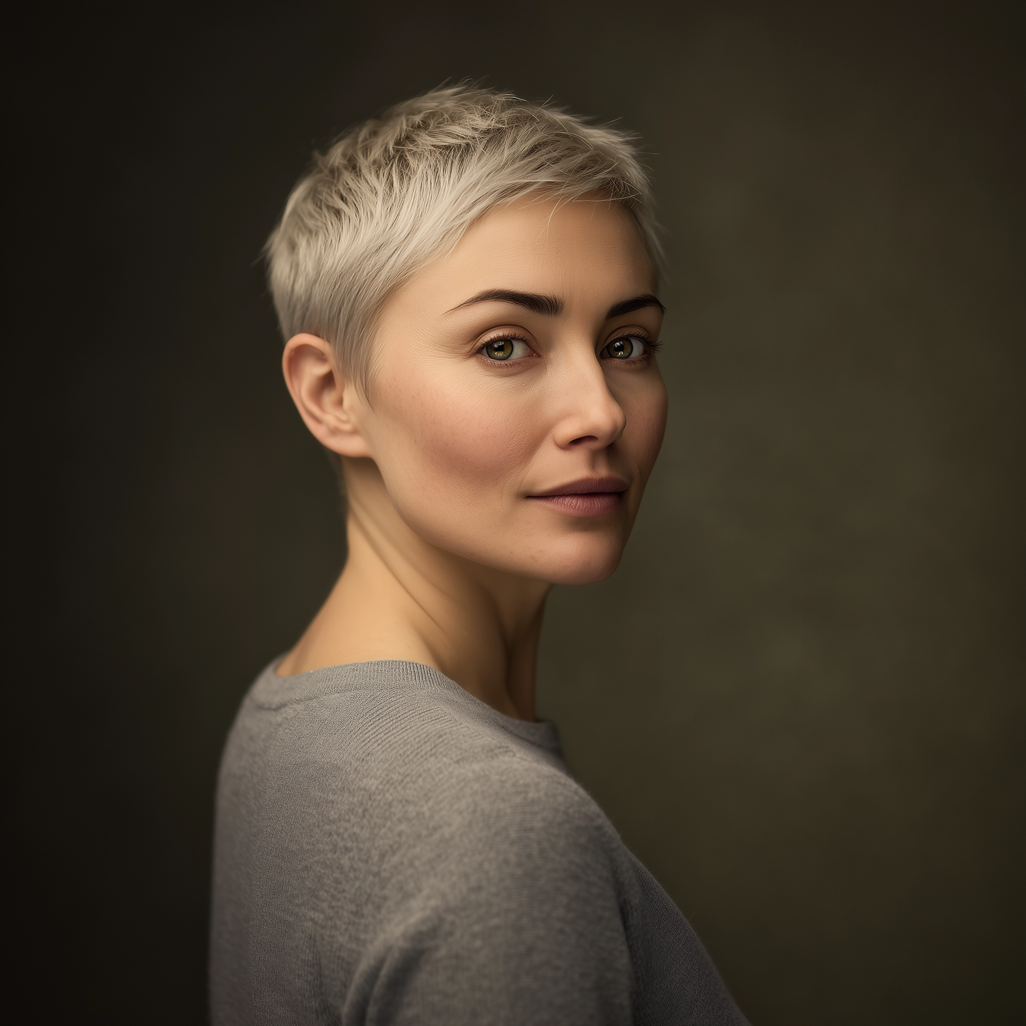 Portrait of Vega, Bureau Competitive Intelligence specialist, with a platinum pixie cut and a slate-grey crew neck.