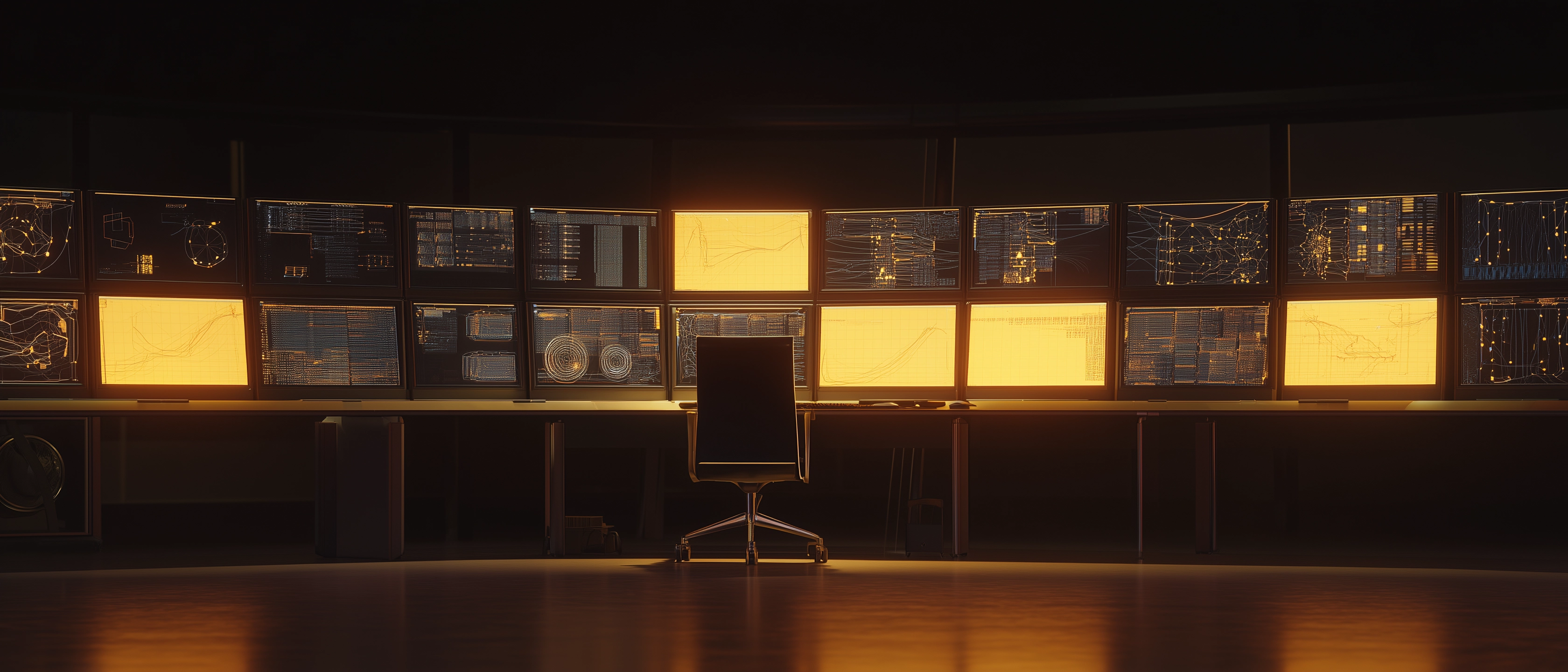 Quiet modernist operations room at dusk with a single chair facing a wall of softly glowing amber screens showing structured data.