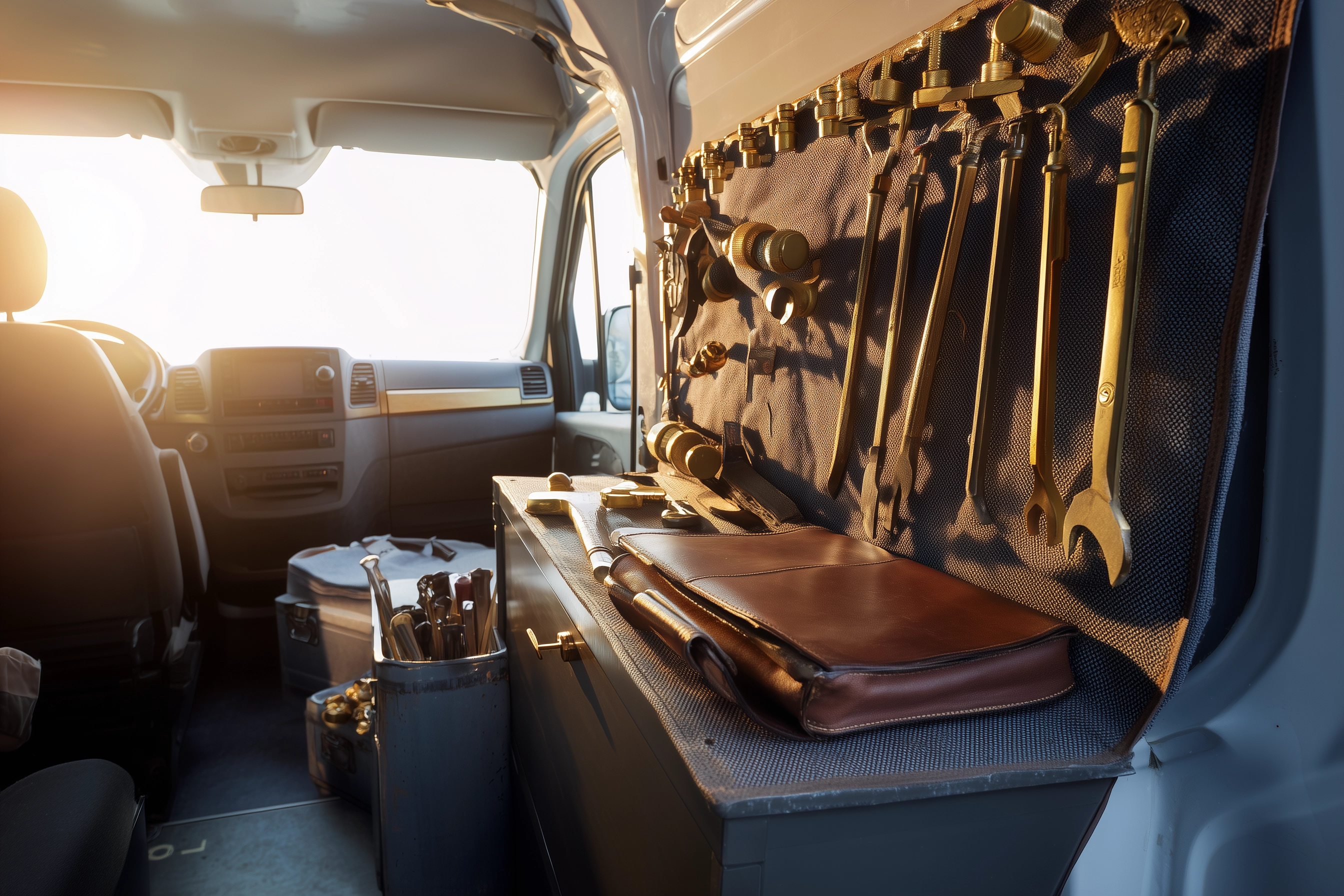 Editorial wide shot of a clean modern service van interior at dawn with neatly organised tools and a leather tablet case.