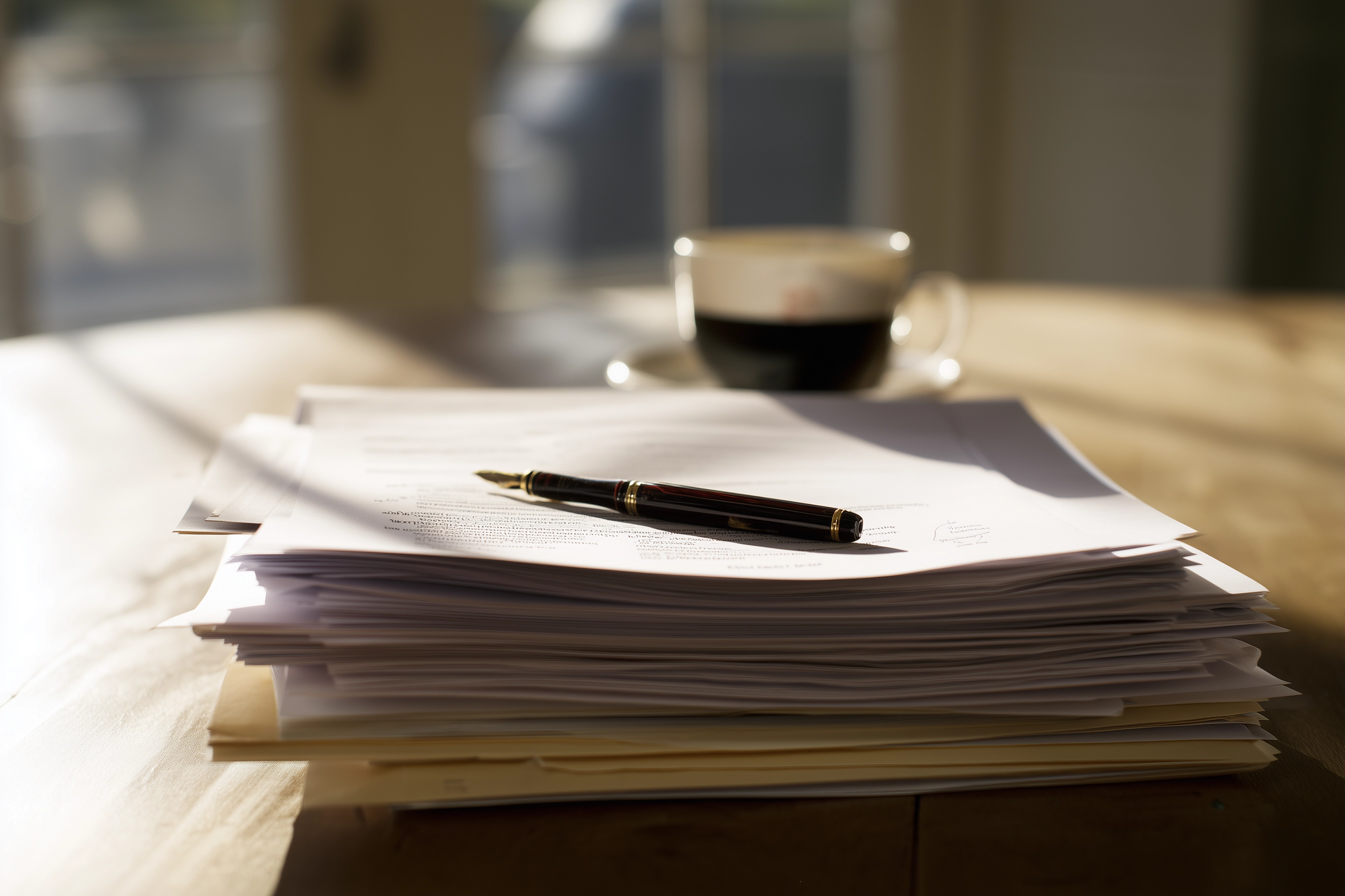 Editorial still-life of European grant documents on an oak desk with a vintage fountain pen and morning light.