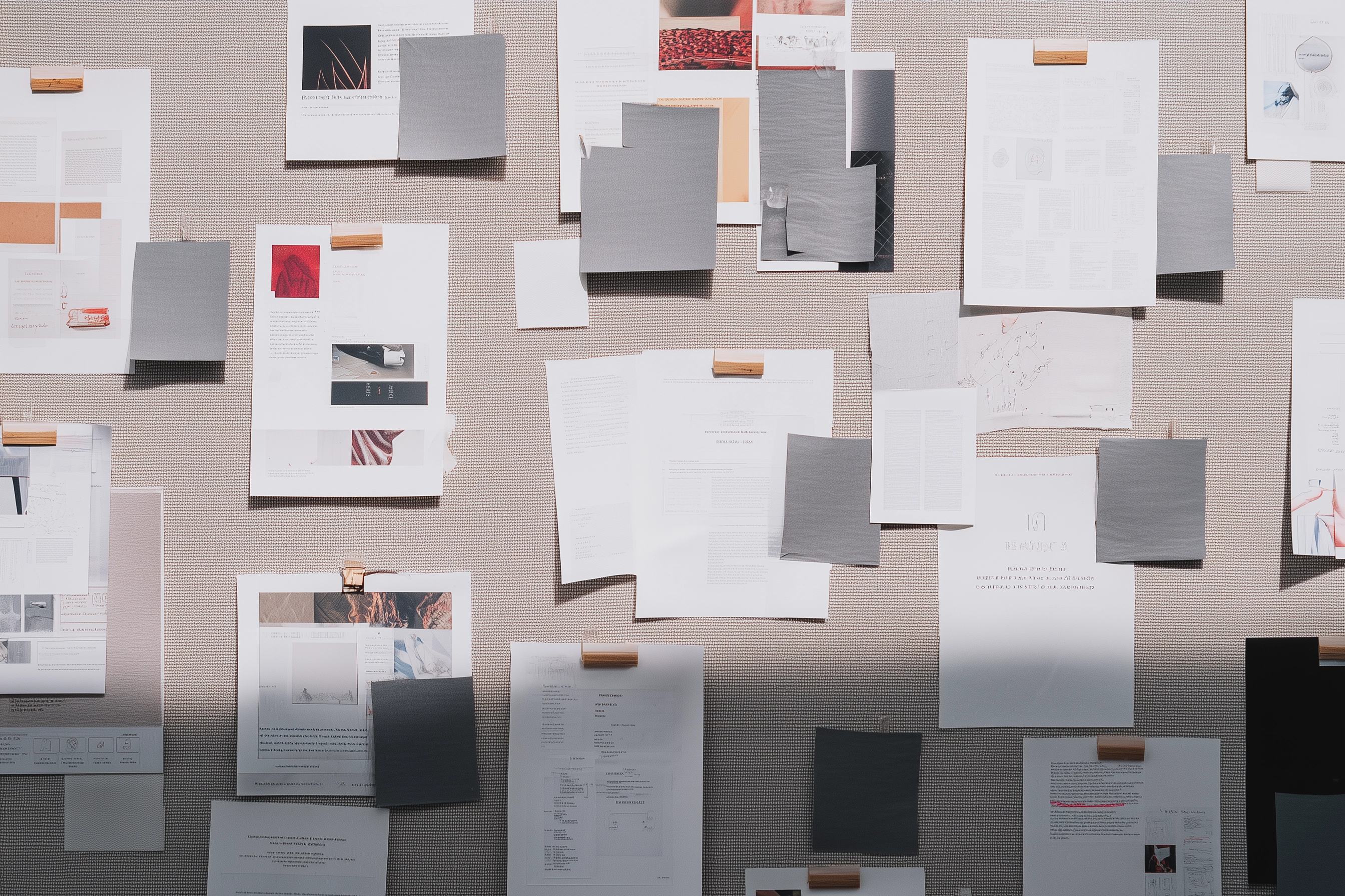 Editorial still-life of an analogue research wall with neatly pinned documents on linen, redacted competitor logos.