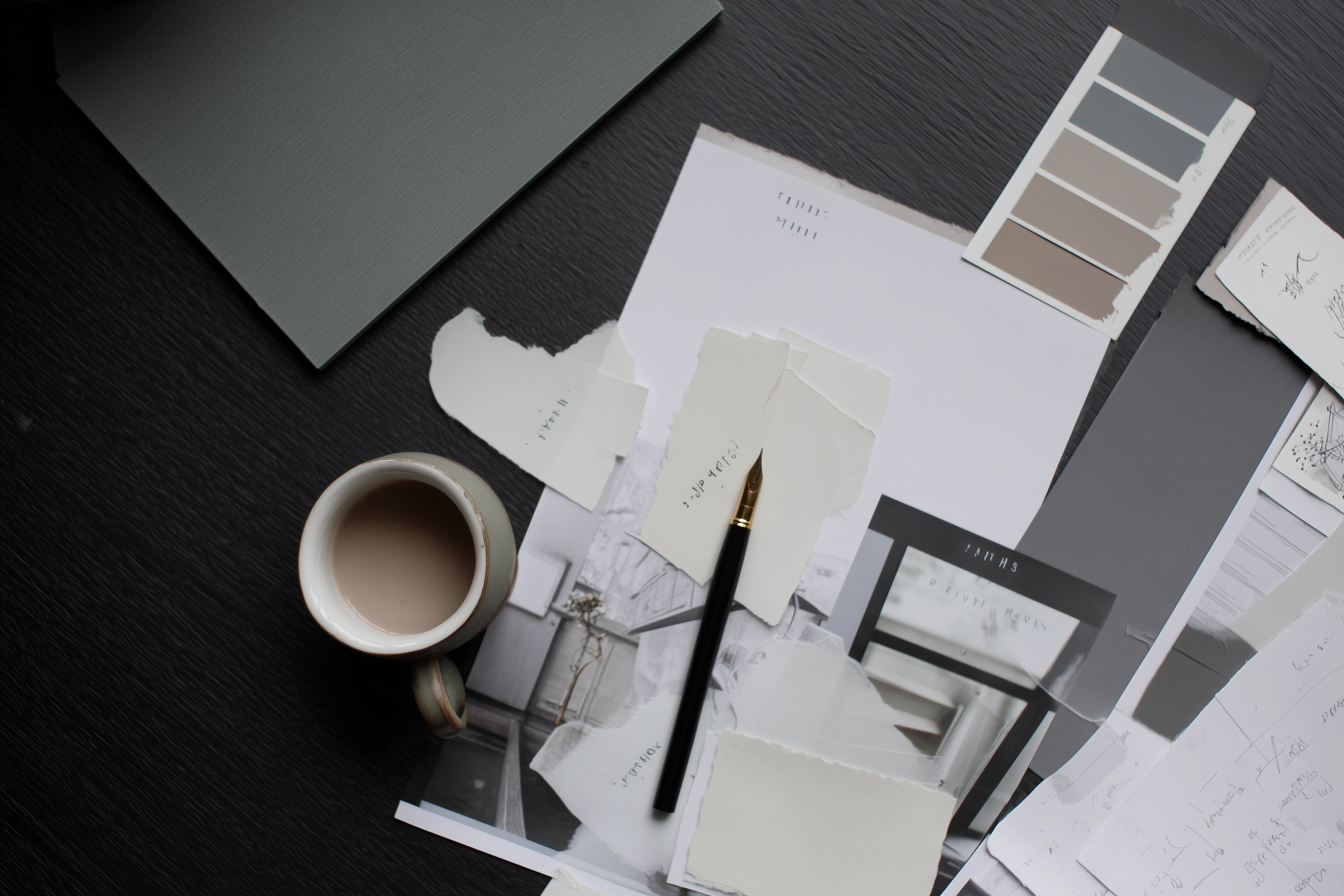 Overhead flatlay of a charcoal desk with a brand mood board, muted swatches, and a printed campaign brief.