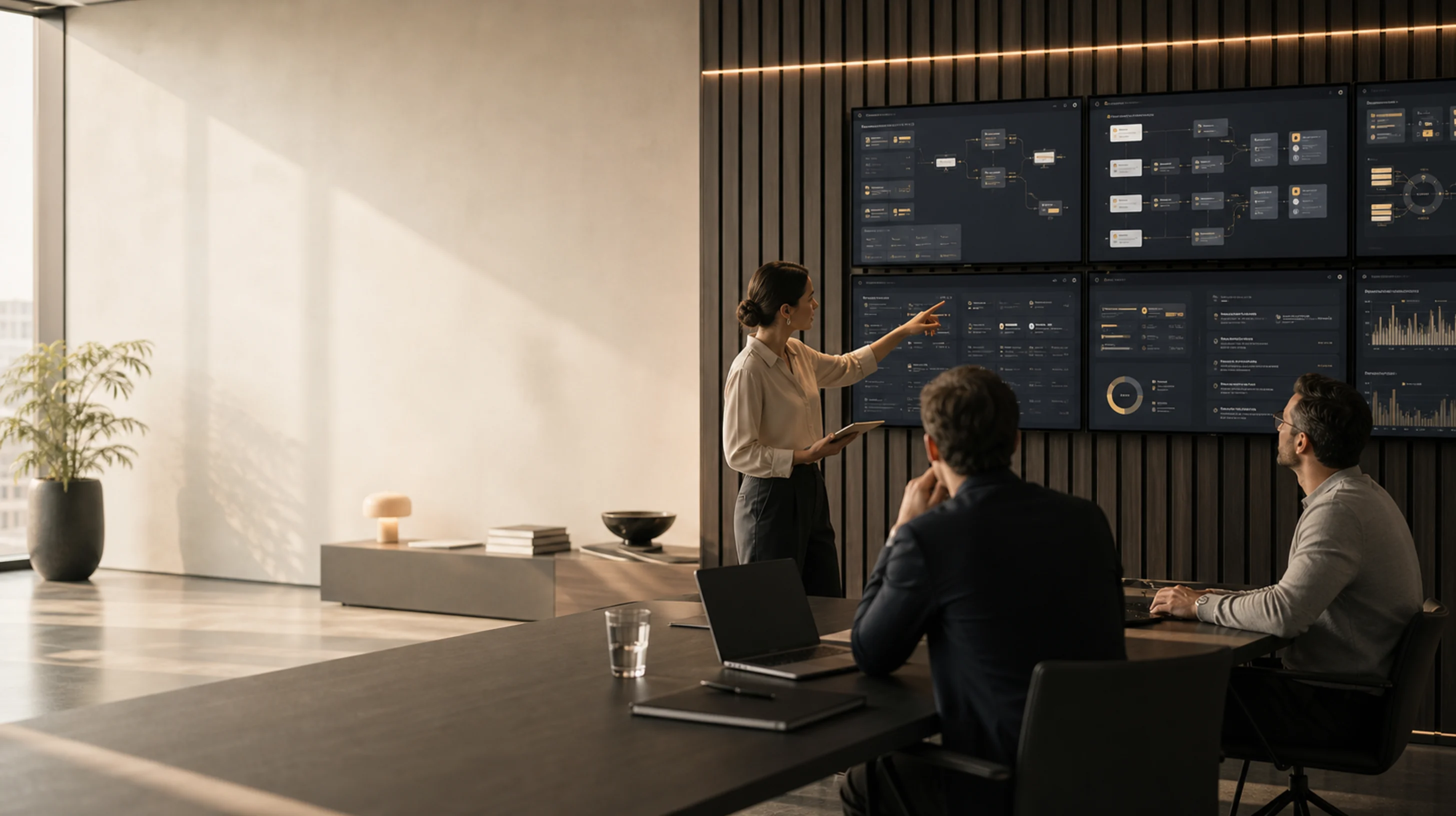 Bureau AI operations workspace with a team reviewing workflow dashboards