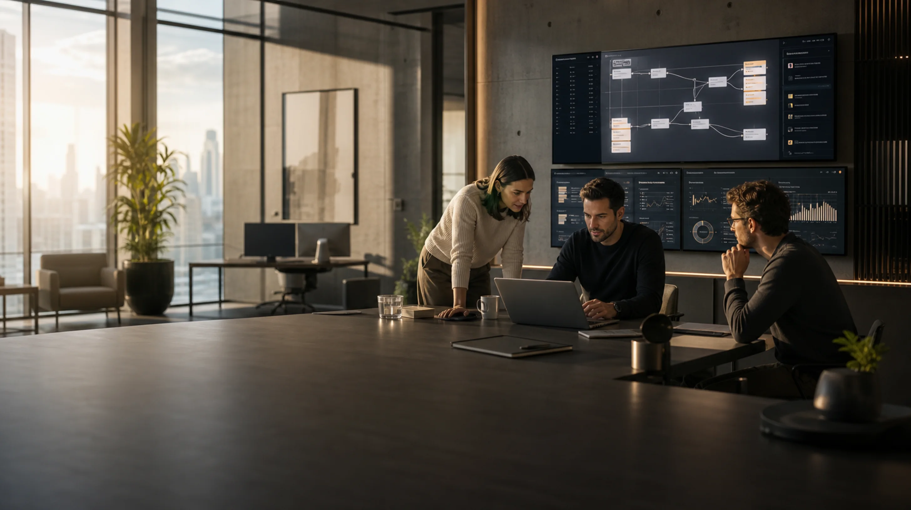 Modern AI delivery workspace with teams coordinating intelligent product workflows