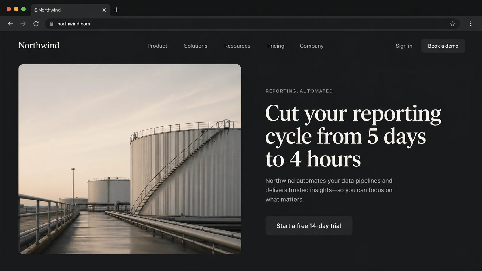 Northwind landing page, after. The hero headline reads "Cut your reporting cycle from 5 days to 4 hours" with a solid charcoal "Start a free 14-day trial" button.