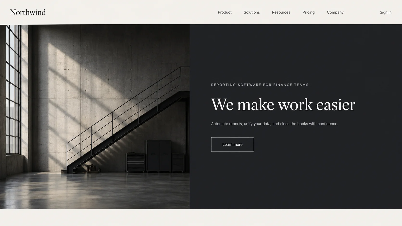 Northwind landing page, before. The hero headline reads "We make work easier" with a thin outlined "Learn more" button.