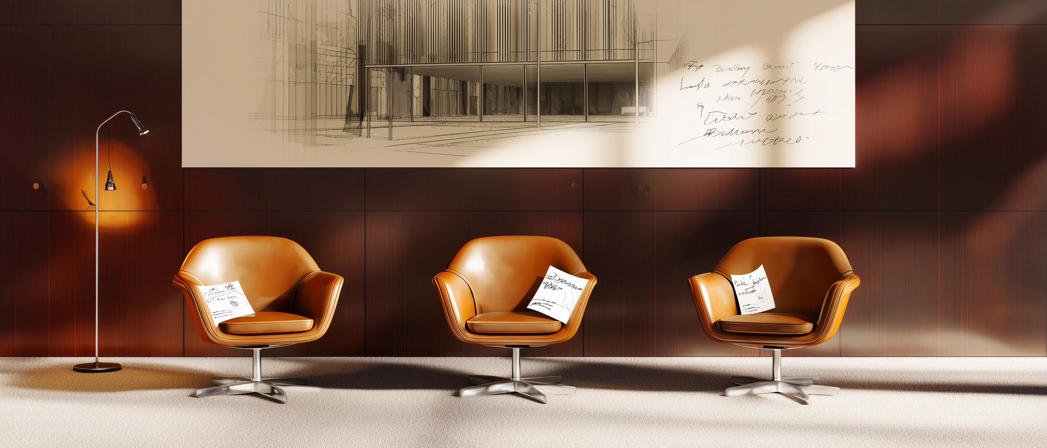 Three identical mid-century leather armchairs arranged in a soft arc, all facing the same large architectural print mounted on a charcoal wall, each chair with a different sheet of handwritten notes on its seat.