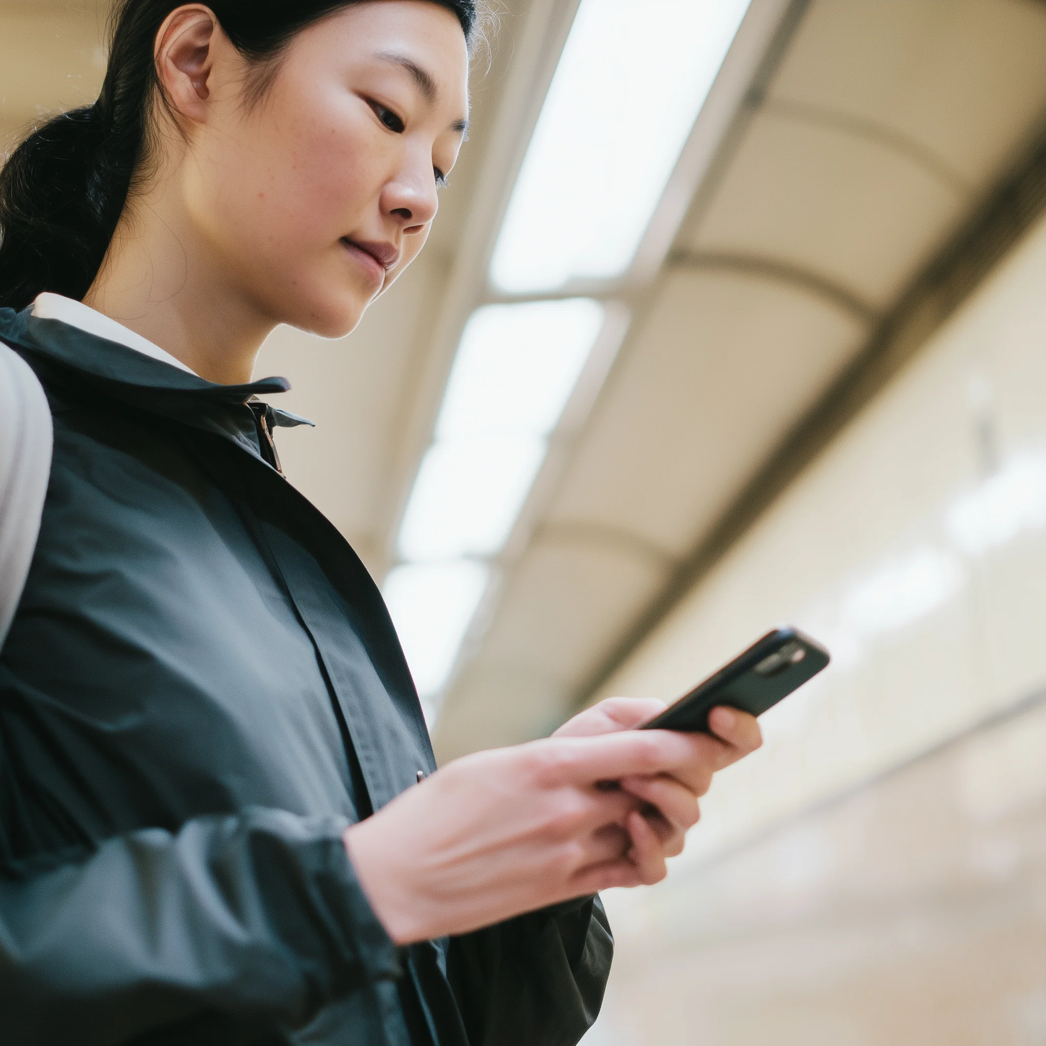 Editorial portrait of the Mobile User persona, commuter scrolling on a phone with one hand in a transit setting.