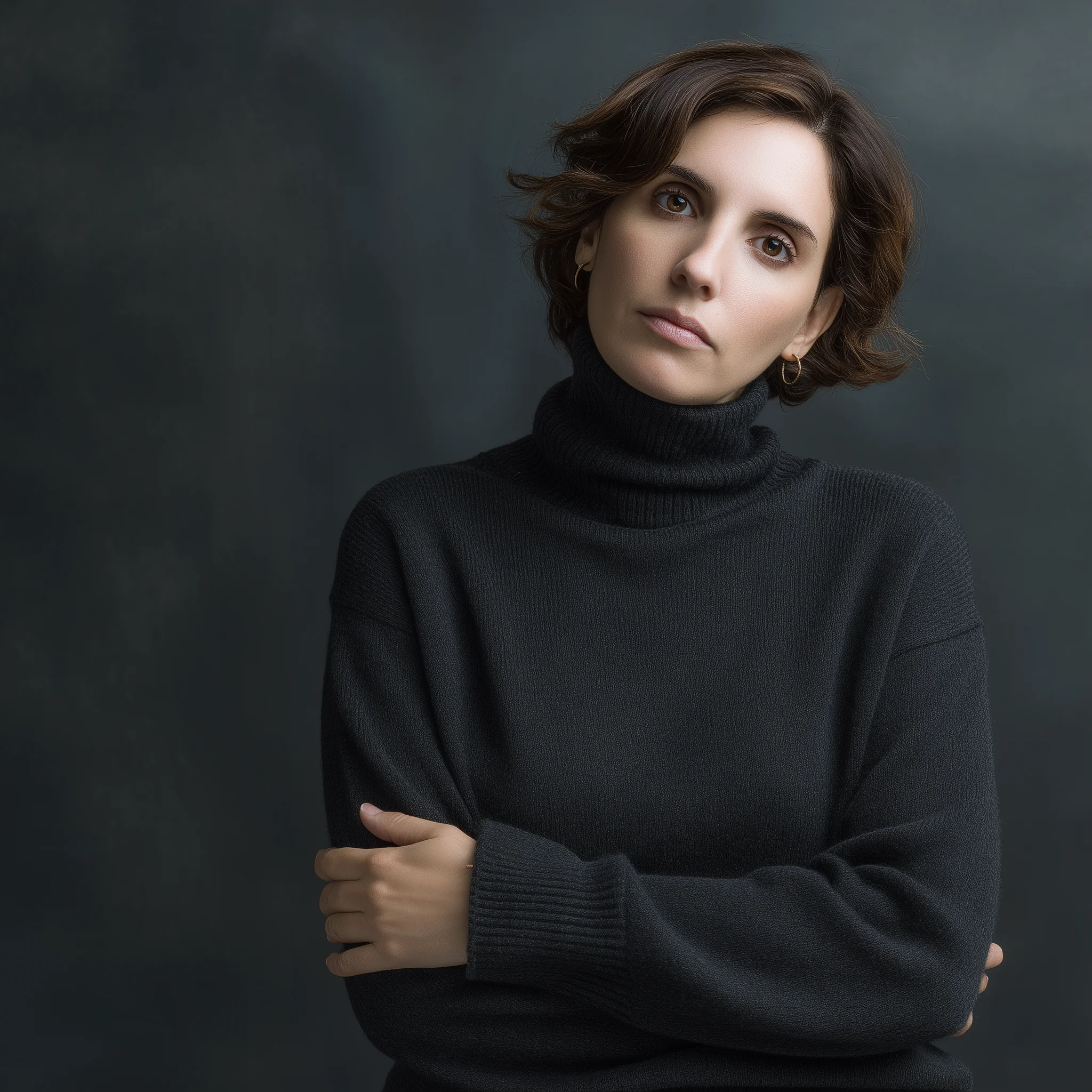 Editorial portrait of the Skeptic persona, first-time visitor with arms crossed in a charcoal turtleneck against a dark backdrop.