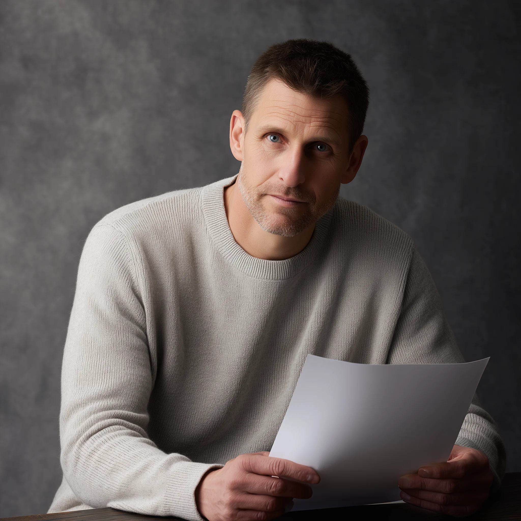 Editorial portrait of the Target Customer persona, engaged right-fit buyer in an oatmeal sweater holding a printed document.