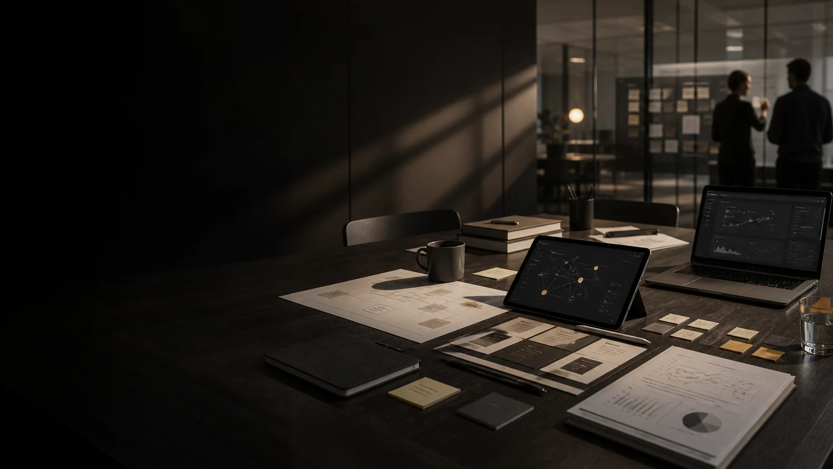 AI discovery sprint strategy room with opportunity maps, workflow diagrams, and planning artifacts