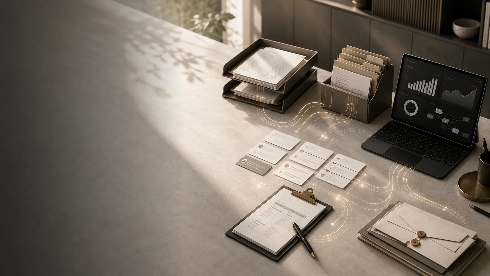 AI automation consulting workspace with document flows, workflow cards, dashboards, and connected operations artifacts