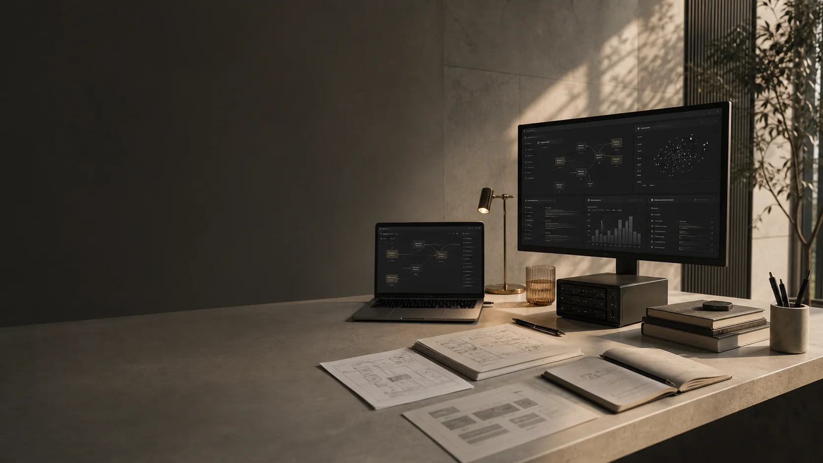 Premium AI engineering workspace with architecture dashboards, notebooks, and production system planning artifacts