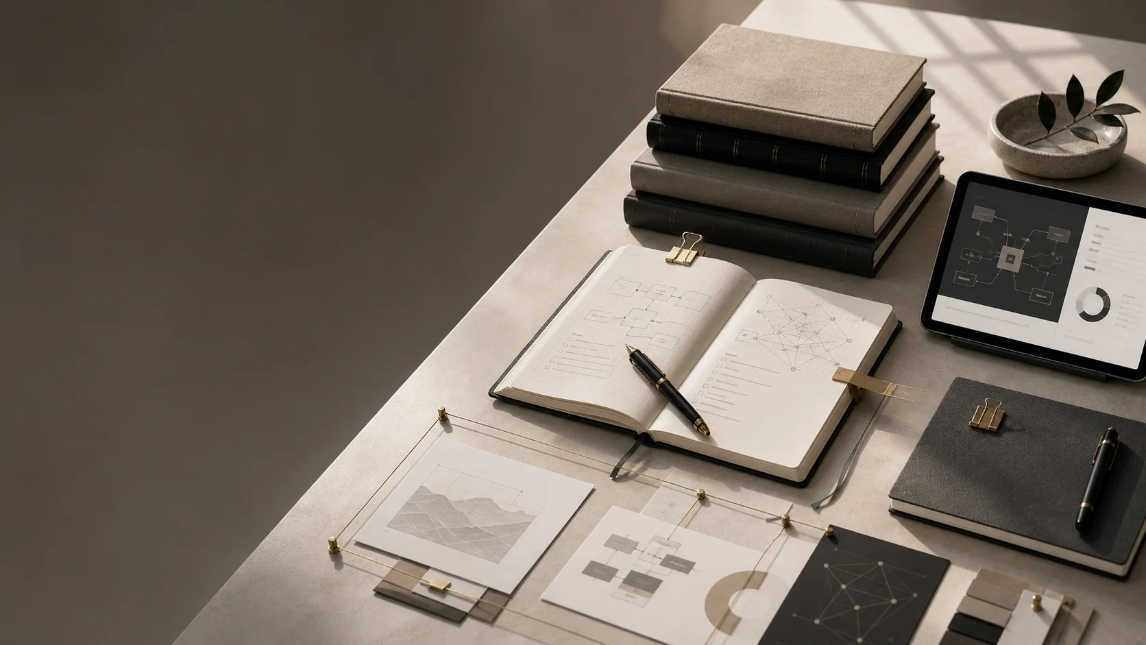 Premium AI playbooks workspace with architecture diagrams, bound guides, notebooks, and structured decision artifacts