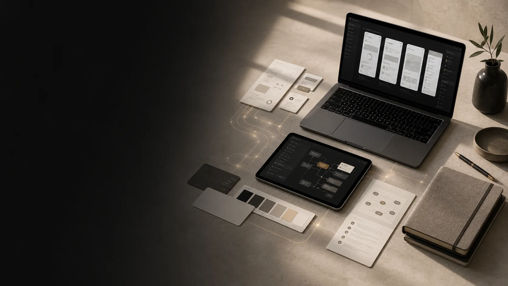 AI product development workspace with product screens, evaluation artifacts, and system planning materials