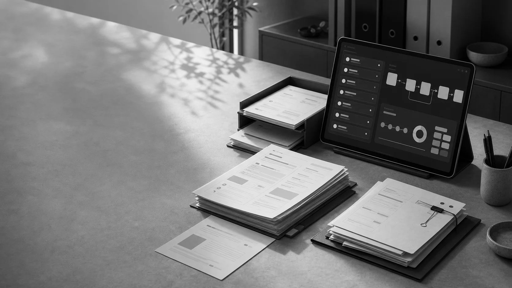 AI back office automation workspace with document processing queues, data entry flows, and finance operations dashboards